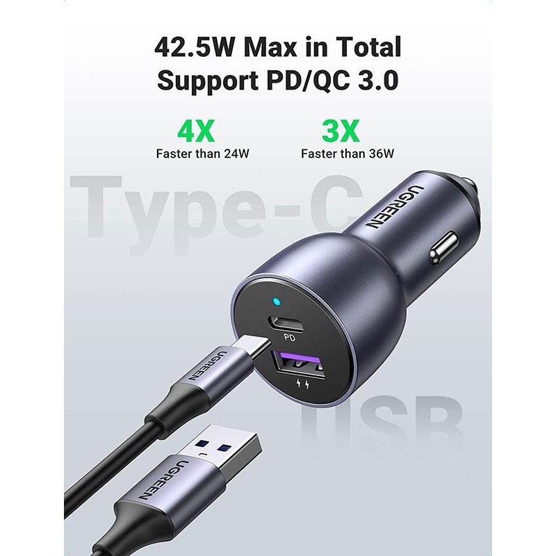 Автомобільний зарядний пристрій Ugreen CD213 (2xUSB 36W (USB-C+USB-A) QC 3.0+ Gray (60980)