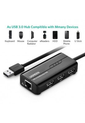 Концентратор USB 3.0 Ugreen 3xUSB 2.0 + RJ45 1000M Ethernet, Black (20264)