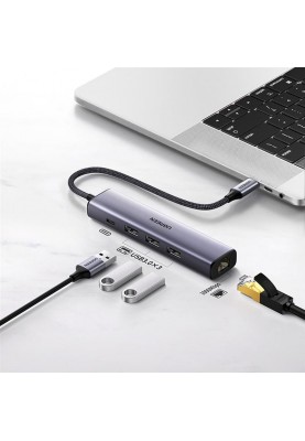 Концентратор USB Type-C Ugreen CM475 3xUSB 3.0 + RJ45 1000M Ethernet, Gray (20932)