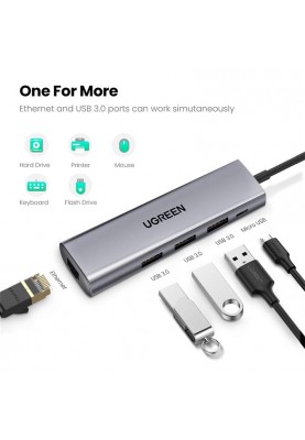 Концентратор USB Type-C Ugreen CM266 3xUSB 3.0 + HDMI + RJ45 1000M Ethernet, Gray (60812)