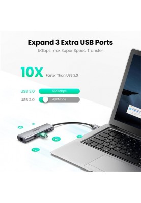 Концентратор USB Type-C Ugreen CM266 3xUSB 3.0 + HDMI + RJ45 1000M Ethernet, Gray (60812)