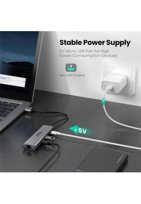 Концентратор USB Type-C Ugreen CM266 3xUSB 3.0 + HDMI + RJ45 1000M Ethernet, Gray (60812)