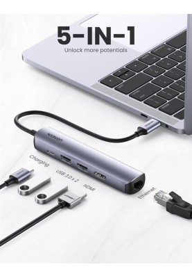 Концентратор USB Type-C Ugreen CM418 2xUSB 3.0 + HDMI + RJ45 1000M Ethernet, Gray (10919)