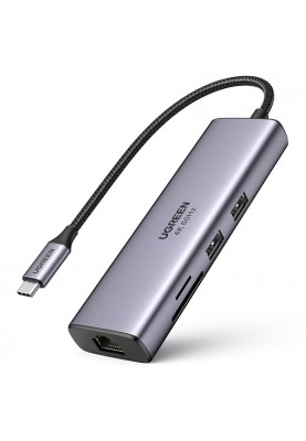 Концентратор USB Type-C Ugreen CM512 2xUSB 3.0 + HDMI + RJ45 1000M Ethernet + Cardreader, Gray (60515)