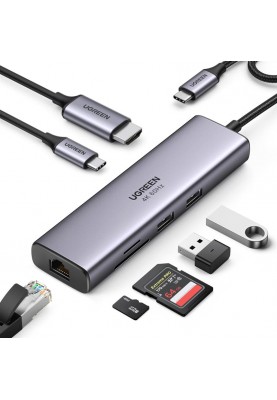 Концентратор USB Type-C Ugreen CM512 2xUSB 3.0 + HDMI + RJ45 1000M Ethernet + Cardreader, Gray (60515)