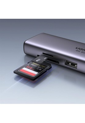 Концентратор USB Type-C Ugreen CM512 2xUSB 3.0 + HDMI + RJ45 1000M Ethernet + Cardreader, Gray (60515)