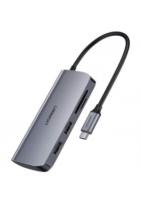 Концентратор USB Type-C Ugreen CM212 2xUSB 3.0 + HDMI + RJ45 1000M Ethernet + Cardreader, Gray (50852)