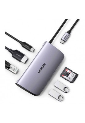 Концентратор USB Type-C Ugreen CM212 2xUSB 3.0 + HDMI + RJ45 1000M Ethernet + Cardreader, Gray (50852)