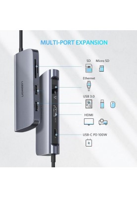 Концентратор USB Type-C Ugreen CM212 2xUSB 3.0 + HDMI + RJ45 1000M Ethernet + Cardreader, Gray (50852)