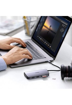 Концентратор USB Type-C Ugreen CM212 2xUSB 3.0 + HDMI + RJ45 1000M Ethernet + Cardreader, Gray (50852)