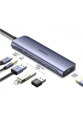 Концентратор USB Type-C Ugreen CM136 3xUSB 3.0 + HDMI + 3.5 мм, Gray (80132)