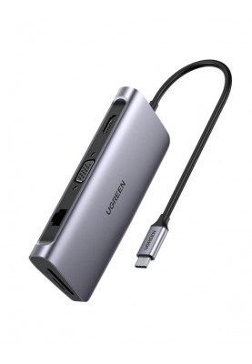 Концентратор USB Type-C Ugreen CM179 3xUSB 3.0 + HDMI + VGA + RJ45 1000M Ethernet + Cardreader, Gray (40873)