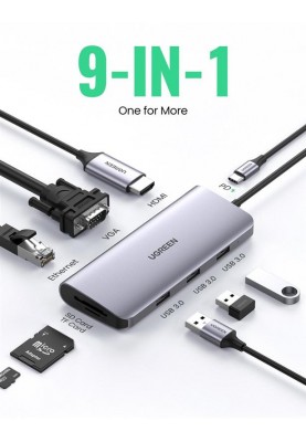 Концентратор USB Type-C Ugreen CM179 3xUSB 3.0 + HDMI + VGA + RJ45 1000M Ethernet + Cardreader, Gray (40873)