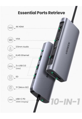 Концентратор USB Type-C Ugreen CM179 3xUSB 3.0 + HDMI + VGA + RJ45 1000M Ethernet + Cardreader + 3.5 мм, Gray (80133)