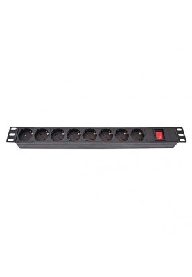 Блок розеток Atcom 1U 19" (PDU-8W-C2С-WS) 8 розеток, з вимикачем, ал. корпус, німецький тип, 2,0 м, чорний