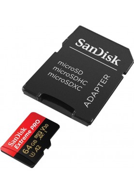 Карта пам`ятi MicroSDXC 64GB UHS-I U3 R200/W90MB/s SanDisk Extreme Pro V30 + SD-адаптер (SDSQXCU-064G-GN6MA)