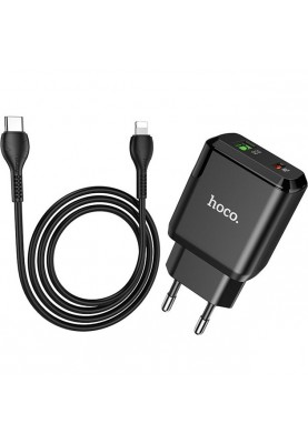 Мережевий зарядний пристрій Hoco N5 (1USB 3A QC3.0 + 1 PD Type-C) Black (S25719) + кабель Lightning