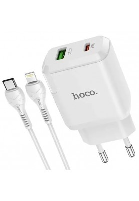 Мережевий зарядний пристрій Hoco N5 (1USB 3A QC3.0 + 1 PD Type-C) White (S25619) + кабель Lightning
