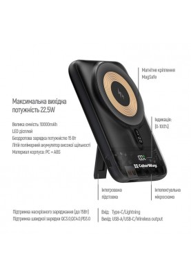 Універсальна мобільна батарея ColorWay 15W MagSafe 10000mAh Black (CW-PB100LPA3BK-WPDD)