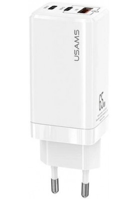 Мережевий зарядний пристрій Usams US-CC110 (1USB, 2USB Type-C) 65W PD + QC3.0 White (MTXLOGTL02) + кабель USB-C - Lightning