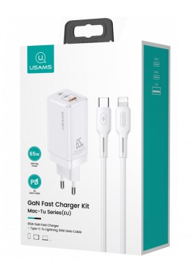 Мережевий зарядний пристрій Usams US-CC110 (1USB, 2USB Type-C) 65W PD + QC3.0 White (MTXLOGTL02) + кабель USB-C - Lightning