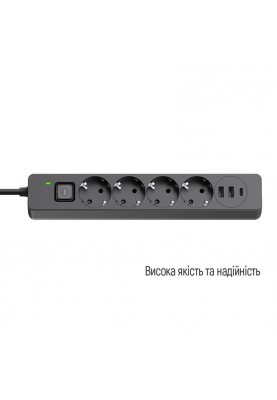 Фільтр живлення ColorWay CW-CHE435PDB 4 розетки, 3USB (2USB-A + 1 TYPE-C) (24W), 2м, Black