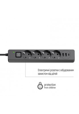 Фільтр живлення ColorWay CW-CHE435PDB 4 розетки, 3USB (2USB-A + 1 TYPE-C) (24W), 2м, Black