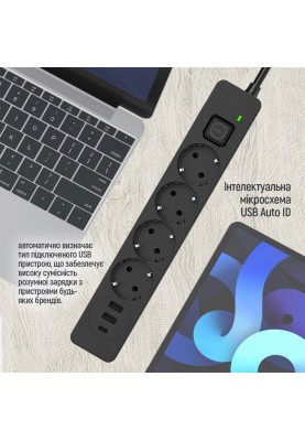 Фільтр живлення ColorWay CW-CHE435PDB 4 розетки, 3USB (2USB-A + 1 TYPE-C) (24W), 2м, Black