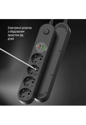 Фільтр живлення ColorWay CW-CHE44PDB 4 розетки, 4USB (Type-C PD20W + 3USB QC3.0) (45W), 2м, Black