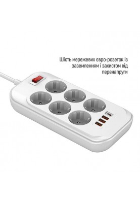 Фільтр живлення ColorWay CW-CHE64PDW 6 розеток, 4USB (Type-C PD20W + 3USB QC3.0) (38W), 2м, White