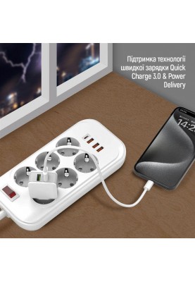 Фільтр живлення ColorWay CW-CHE64PDW 6 розеток, 4USB (Type-C PD20W + 3USB QC3.0) (38W), 2м, White