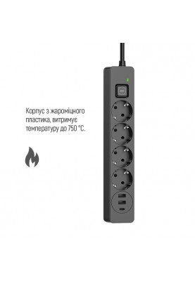 Фільтр живлення ColorWay CW-CHE432PDB 4 розетки, 3USB (2USB-A + 1 TYPE-C) (24W), 2м, Black