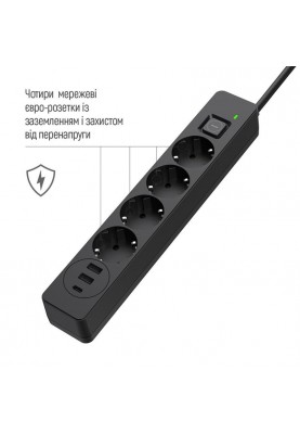 Фільтр живлення ColorWay CW-CHE432PDB 4 розетки, 3USB (2USB-A + 1 TYPE-C) (24W), 2м, Black