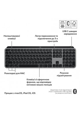 Клавiатура бездротова Logitech MX Keys S for Mac Space Grey (920-011637)