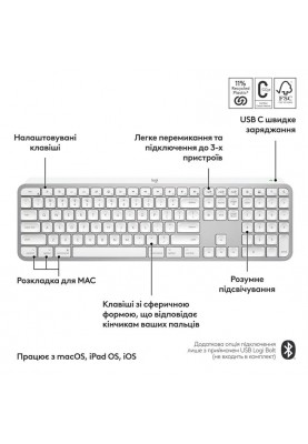 Клавiатура бездротова Logitech MX Keys S for Mac Pale Grey (920-011638)