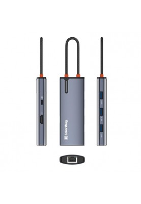 Док-станція СolorWay USB-C 6-в-1 Type C PD 100W/USB3.0х3/HDMI 4К/RJ45 (CW-HUB02)