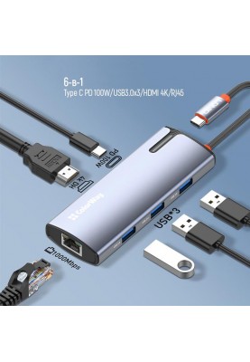 Док-станція СolorWay USB-C 6-в-1 Type C PD 100W/USB3.0х3/HDMI 4К/RJ45 (CW-HUB02)