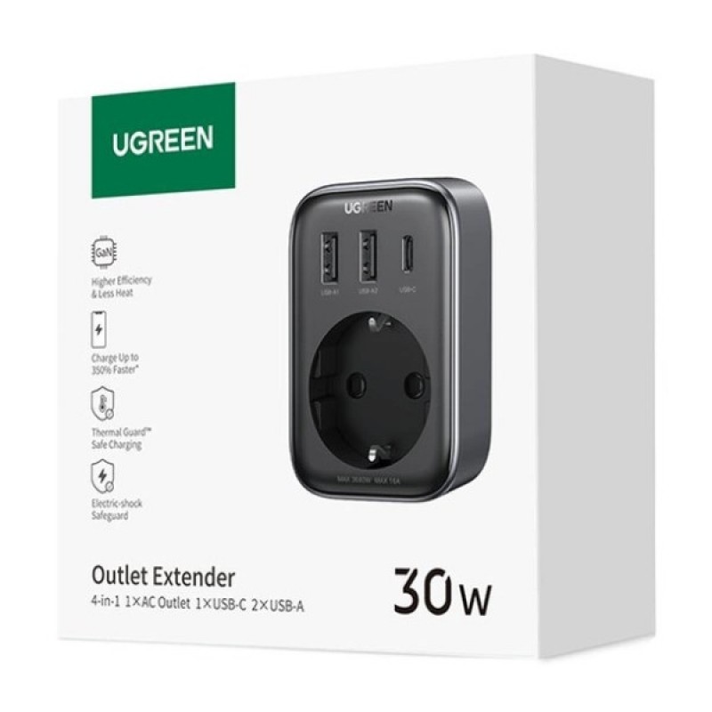 Зарядний пристрій Ugreen CD314 30W Outlet Extender (2хUSB-A+USB-C) Black (90613)