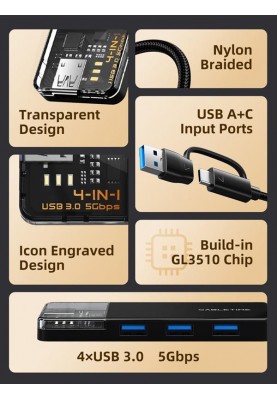 Концентратор Cabletime USB C/A - 4 Port USB 3.0, 5Gbps, 0.15 m (CB05B)