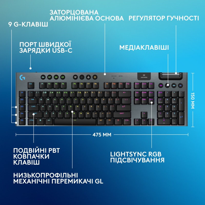 Клавiатура бездротова Logitech G915 X Lightspeed Wireless Clicky Black (920-012709)