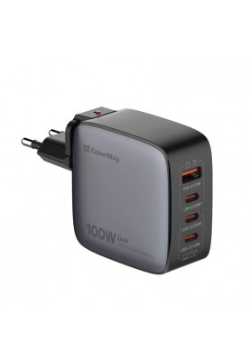 Мережевий зарядний пристрій ColorWay Power Delivery GaN (USB-A + 3USB TYPE-C) (100W) Black (CW-CHS047PD-BK)