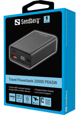 Універсальна мобільна батарея Sandberg Travel Powerbank 20000mAh PD 65W Black (420-95)