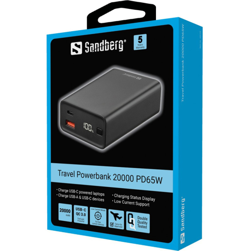 Універсальна мобільна батарея Sandberg Travel Powerbank 20000mAh PD 65W Black (420-95)