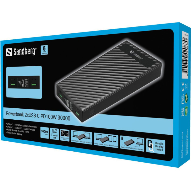 Універсальна мобільна батарея Sandberg Powerbank 30000mAh PD 100W Black (420-87)