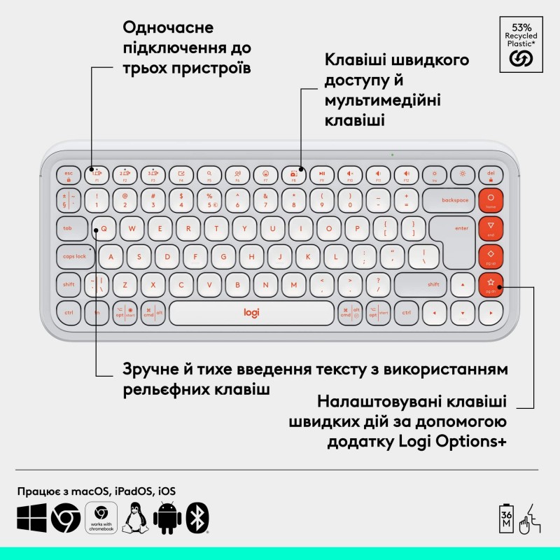 Клавiатура бездротова Logitech Pop Icon Keys Off White (920-013072)