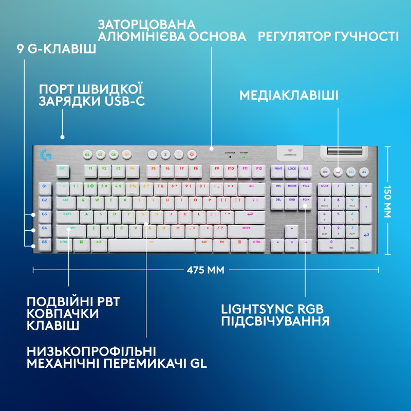 Клавiатура бездротова Logitech G915 X Lightspeed Wireless Tactile White (920-012690)