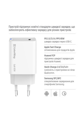 Мережевий зарядний пристрій ColorWay GaN Mini 65W PD Port PPS USB-C White (CW-CHS049PD-WT)