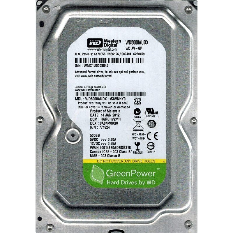 Накопичувач HDD SATA  500GB WD AV-GP 32MB (WD5000AUDX) Refurbished