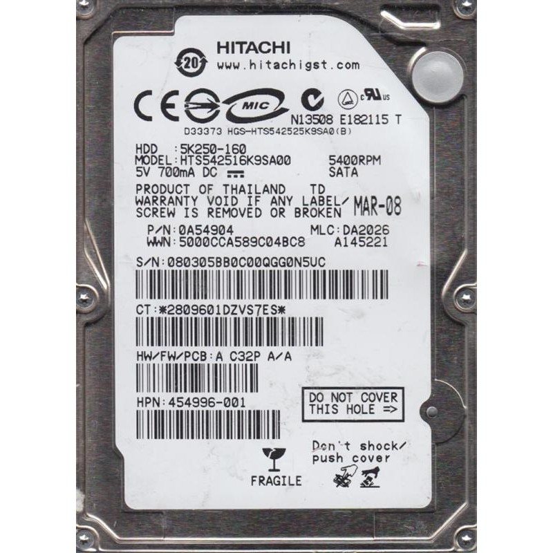 Накопитель HDD 2.5" SATA  160GB Hitachi 5400rpm 8MB (HTS542516K9SA00) Refurbished