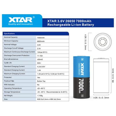 Акумулятор XTAR 26650P 7000 mAh 1 шт. Акумулятор XTAR 26650P 7000 mAh 1 шт.